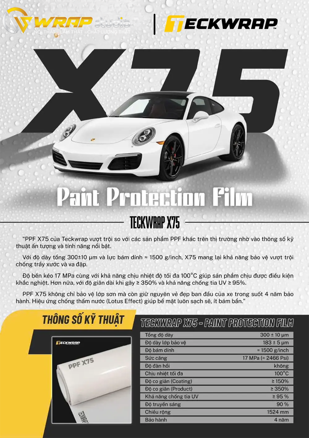 Bảng thông số kỹ thuật PPF TECK WRAP X75